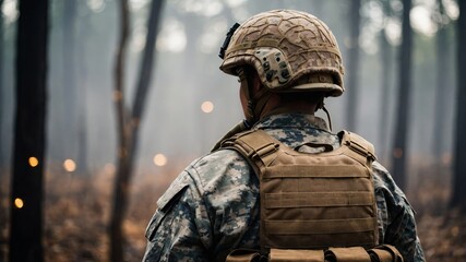 A soldier, wearing full combat gear and a helmet, walking through a smoky battlefield