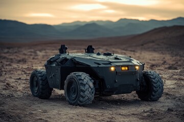 Robotic vehicle explores rugged terrain during dusk in a mountainous landscape