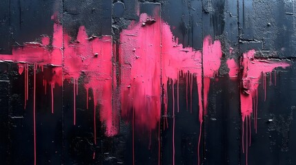 A painting of a city skyline with pink paint dripping down it