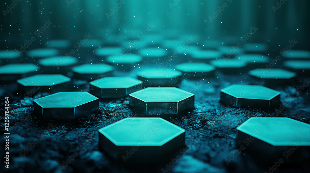 Poster 3d floating platform background with interlocking hexagonal shapes and blue ambient light