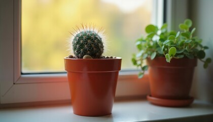 Potted Cactus and Succulent Duo on Sunny Windowsill, Perfect for Home Decor Inspiration