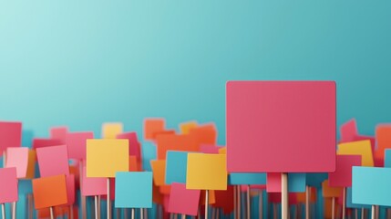 A vibrant collection of colorful blank signs on sticks, creating a lively scene against a blue background, ideal for messages or announcements.