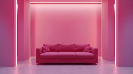 Modern living room with pink flamingo wall and sofa interior design, spare room.