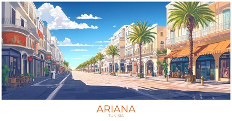 Ariana Tunisia Travel Poster Flat Illustration Print Decor Gift Canvas Wall Art Gift