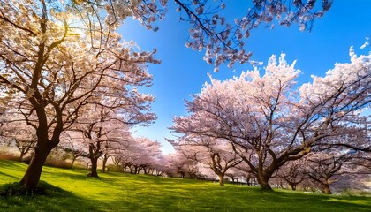 Obraz premium Cherry Blossom Trees in Full Bloom on a Sunny Spring Day.
