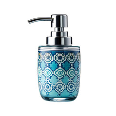 Obraz premium Blue Ceramic Soap Dispenser with Pattern on White Background 