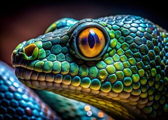 Close-Up of Snake Head, Intricate Scales, Piercing Eyes - Low Light Photography