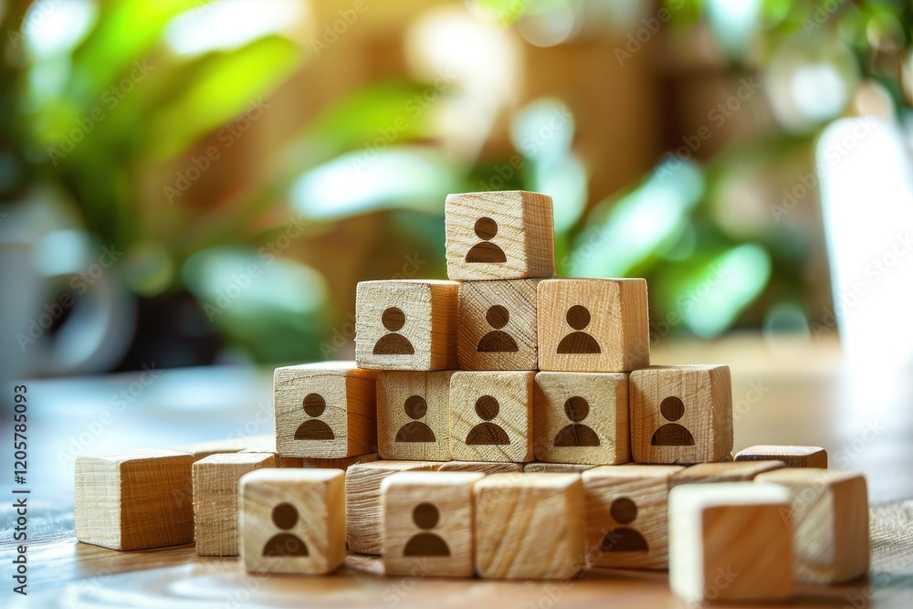 Poster wooden blocks hierarchy: a pyramid structure built from wooden blocks, each imprinted with a human f