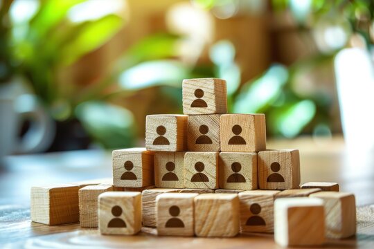 Wooden Blocks Hierarchy: A pyramid structure built from wooden blocks, each imprinted with a human figure symbol, representing organizational structure, teamwork, or a hierarchical system.  