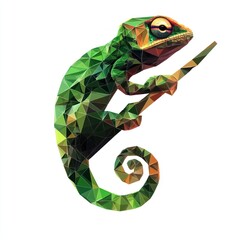 Low-poly chameleon perched on branch, white background, nature illustration, design element