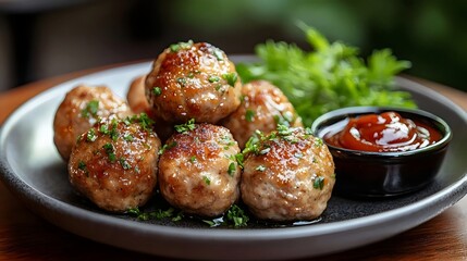 A plate of meatballs with parsley and ketchup