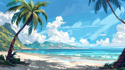 Tropical beach with coconut trees on a sunny day