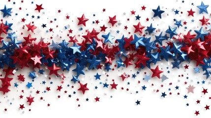 Colorful arrangement of red and blue stars scattered on a white background for festive celebrations