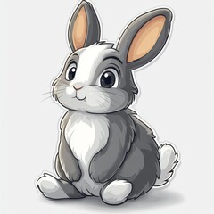 Fototapeta premium Adorable Cartoon Rabbit Sitting Upright with its Big Eyes Looking Directly at the Viewer, a Charming Character Design with Soft Gray and White Fur