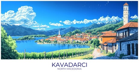 Fototapeta premium Kavadarci North macedonia Travel Poster Flat Illustration Print Decor Gift Canvas Wall Art Gift