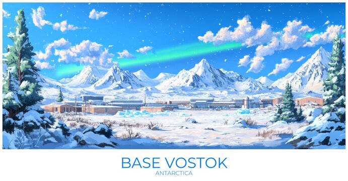 Base vostok Antarctica Travel Poster Flat Illustration Print Decor Gift Canvas Wall Art Gift