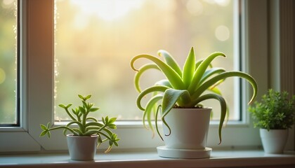Fototapeta premium Succulent Arrangement on Windowsill, Vibrant Greens, Relaxing Home Decor Inspiration