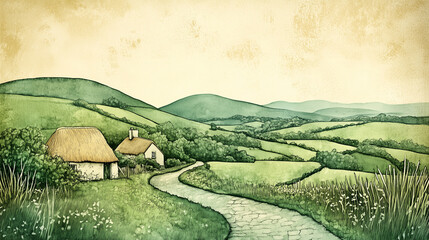 Vintage postcard of Irish countryside with stone cottage