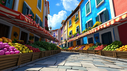 Obraz premium Bustling Open-Air Market in Mediterranean Town with Colorful Shops and Fresh Produce