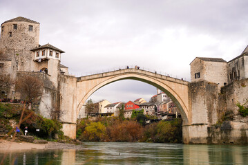 A beautiful view of the old bridge across the Neretva River in Mostar, Bosnia and Herzegovina