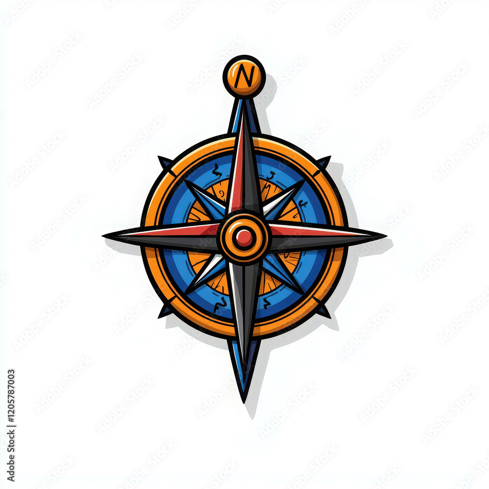 Poster colorful cartoon style compass with large exaggerated features and bold design elements