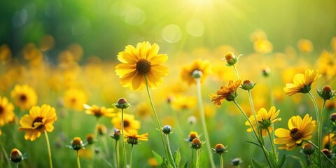 Fototapeta premium Golden Sunlit Meadow of Blooming Yellow Flowers, a Vibrant Summer Scene of Nature's Beauty