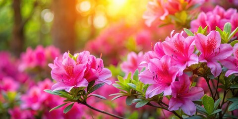 Obraz premium Vibrant bright pink azalea flowers are on full display in a sunny garden setting, showcasing their stunning beauty and vibrant color palette , sunny garden, garden blooms