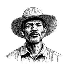 Portrait of a farmer wearing a wide-brimmed hat in a rural setting during the day showing determination and resilience. Generative AI