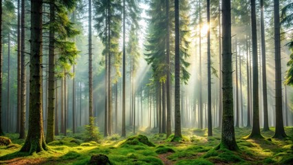 Dense forest with towering conifers and moss-covered trees in misty morning light, outdoors, evergreen