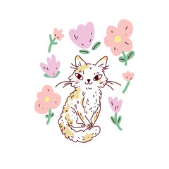 Vector image on a white background with a cute curly spotted kitty surrounded by flowers. It is ideal for decorating a printing house with kawaii characters.