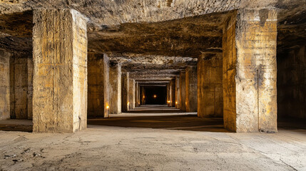 Expansive Underground Cavern with Tall Crumbling Stone Columns and Dim Lighting