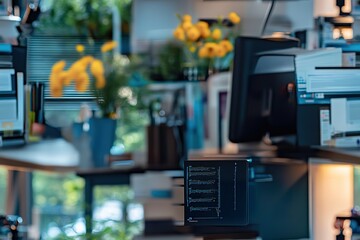 Naklejka premium Blurred Office Space With Data Display Screen