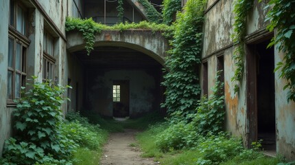 Overgrown corridor in an abandoned building reveals nature reclaiming space