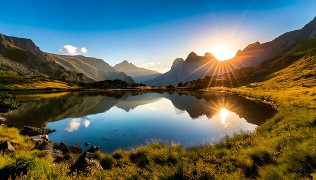 Serene Mountain Landscape with Reflective Lake at Sunrise 