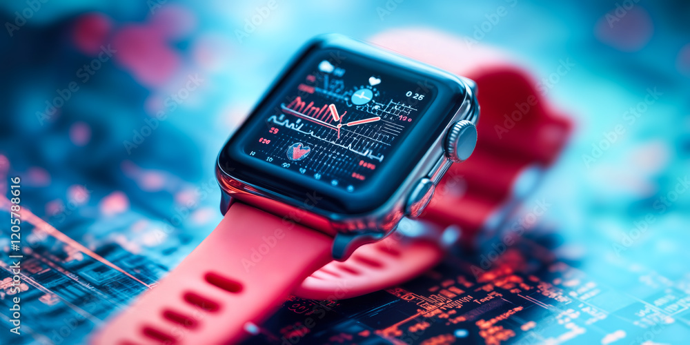 Poster smart wearable device displaying health tracking data on a futuristic interface