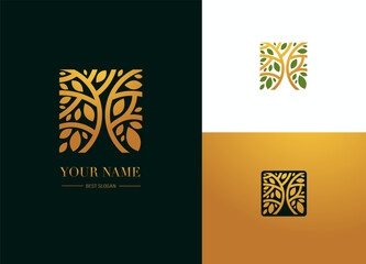 Elegant Tree Logo incSquare Shape. Green and Gold Stylized Design with Text, Adaptive emblem