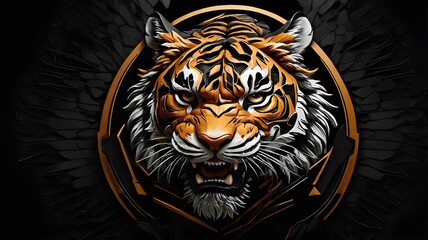 A Dynamic Tiger Head Logo with Sharp Details, Set Against a Bold Black Background for Eye-Catching Visual Appeal
