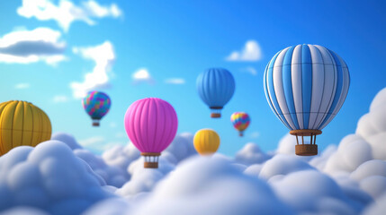 Fototapeta premium Pastel Hot Air Balloons Floating Above Clouds in Vibrant Cityscape Sky