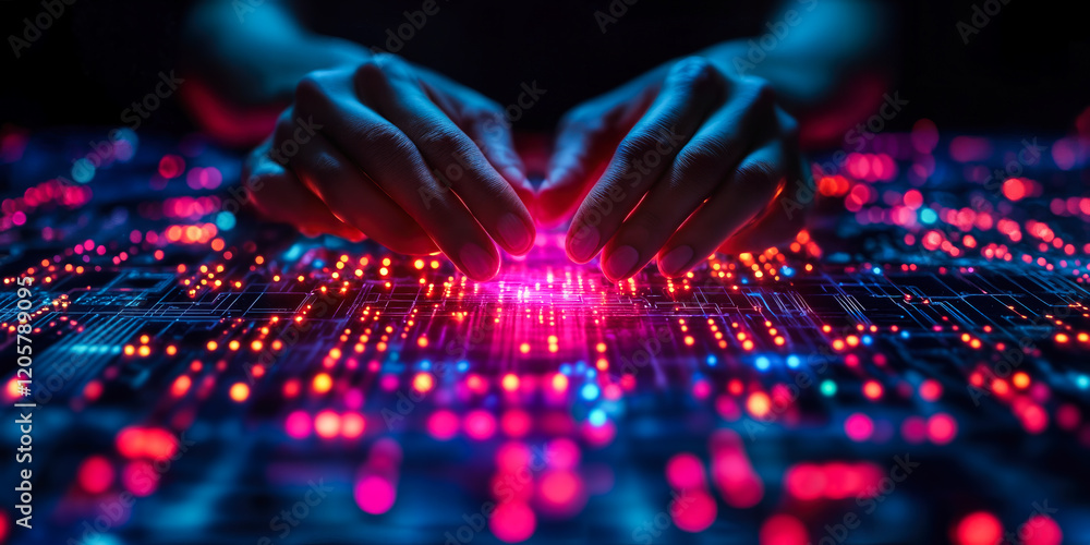 Poster ai-powered api integration with hands interacting on digital interface for business solutions