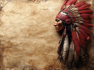 Fototapeta premium A profile of a Native American figure adorned with a feathered headdress against a textured background.