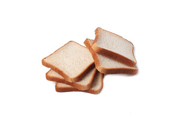 A stack of bread slices on a white background. The bread slices are all the same size and stacked on top of each other. Ecologically clean product.