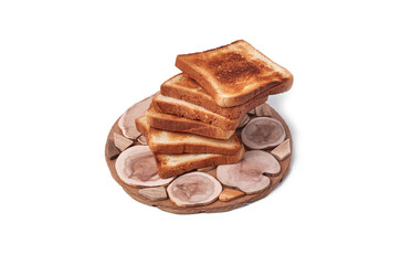 A stack of bread slices on a white background. The bread slices are all the same size and stacked on top of each other. Ecologically clean product.