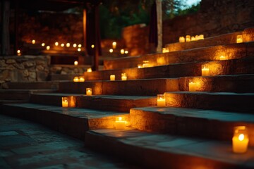 Fototapeta premium Soft glow of candles illuminating stone steps at night in a tranquil outdoor setting