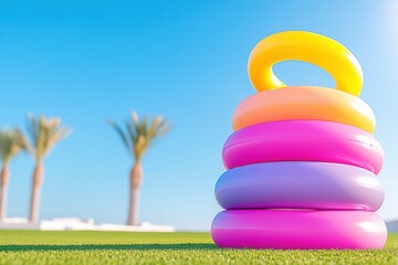 Colorful inflatable rings stacked on a lush green field. Games for the Whole Family: Fun for every generation
