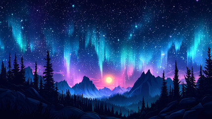 Fototapeta premium A vibrant retro-style nighttime sky with deep blues and purples, bold stars, and a glowing moon over a serene landscape with stylized trees and mountains. 