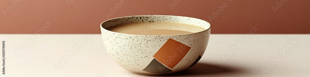 Poster clean layout of soup bowl with abstract geometric accents in neutral tones placed on soft background