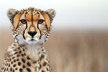 Obraz premium close-up of cheetah intense gaze with its face in focus and savannah blurred in background