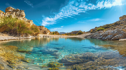 A high-resolution image of a serene desert oasis with turquoise water and golden sand dunes under blue skies.