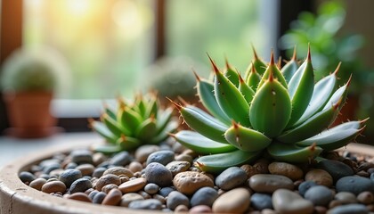 Vibrant Succulent Arrangement with Stones, Green Tones, Perfect for Home Decor Inspiration