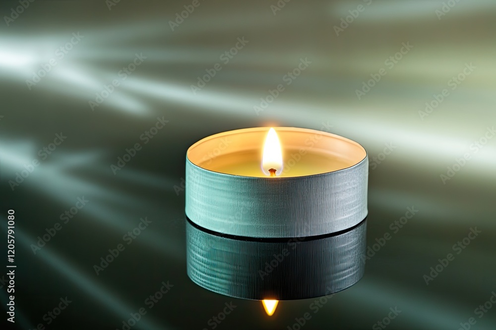 Poster close-up of single lit tealight placed on reflective black surface with soft light beams creating ca